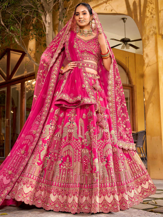 Classic Rani Pink Zarkan Embroidery Silk Bridal Lehenga Choli With Double Dupatta