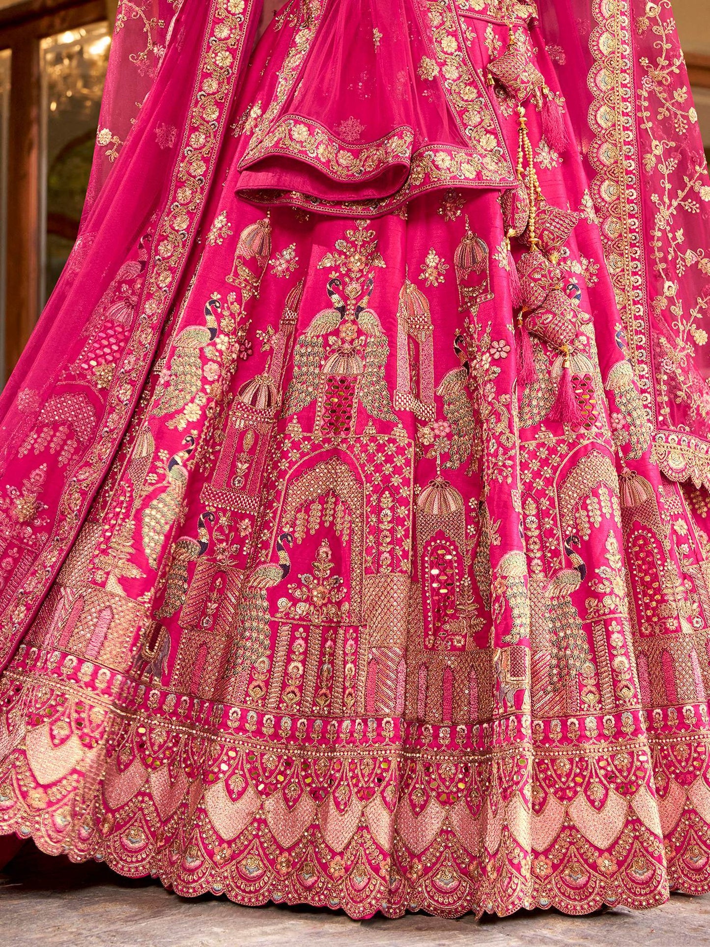 Classic Rani Pink Zarkan Embroidery Silk Bridal Lehenga Choli With Double Dupatta