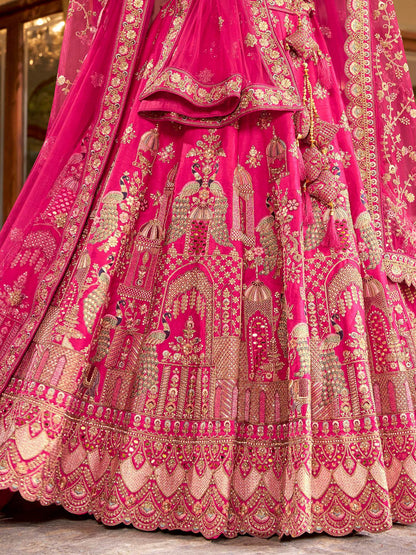 Classic Rani Pink Zarkan Embroidery Silk Bridal Lehenga Choli With Double Dupatta