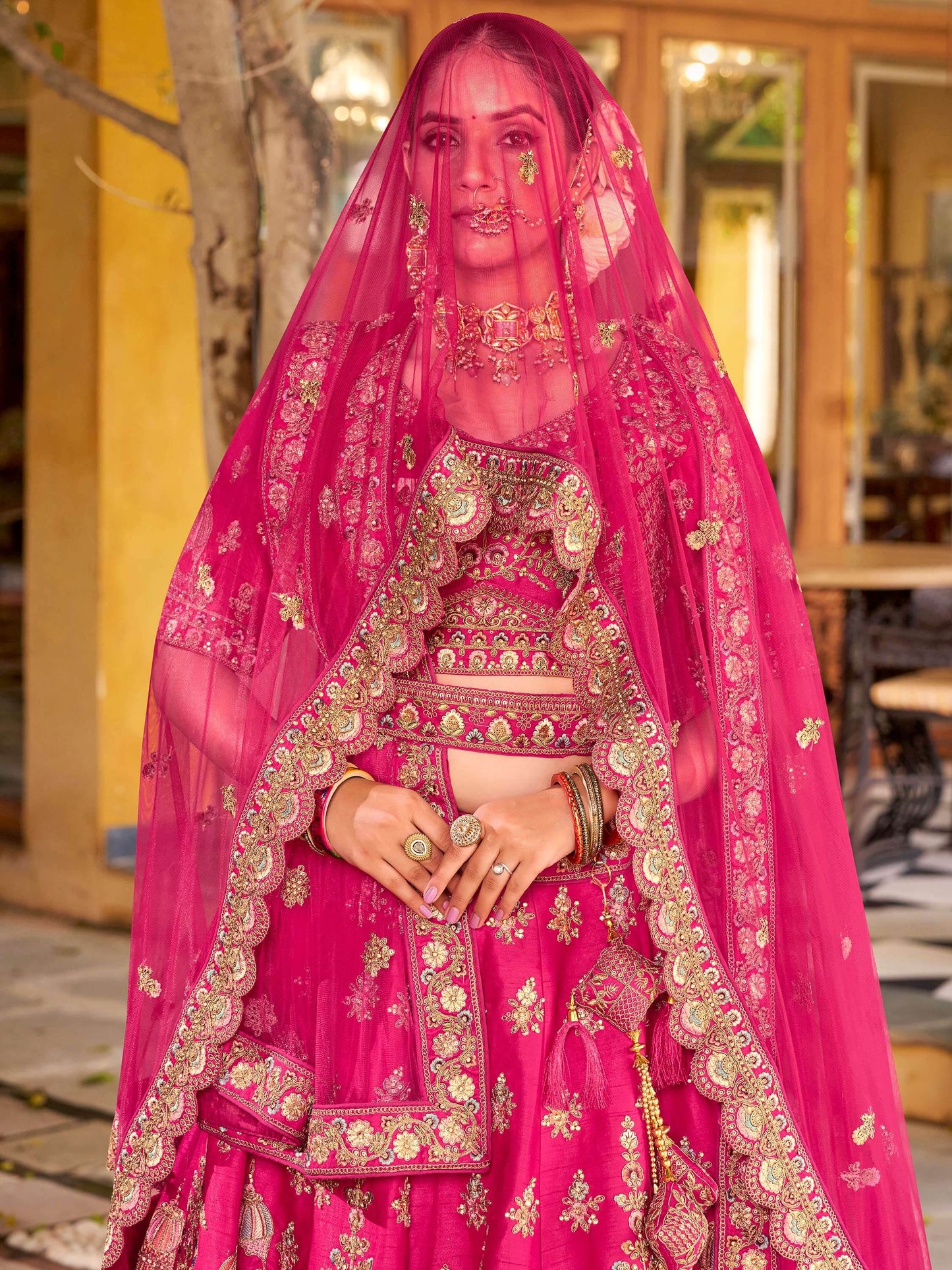 Classic Rani Pink Zarkan Embroidery Silk Bridal Lehenga Choli With Double Dupatta