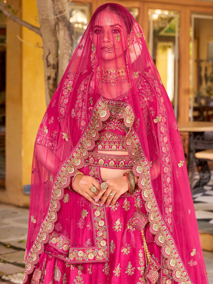 Classic Rani Pink Zarkan Embroidery Silk Bridal Lehenga Choli With Double Dupatta