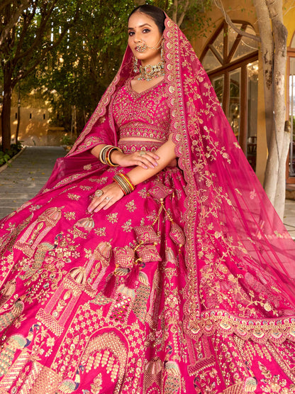 Classic Rani Pink Zarkan Embroidery Silk Bridal Lehenga Choli With Double Dupatta