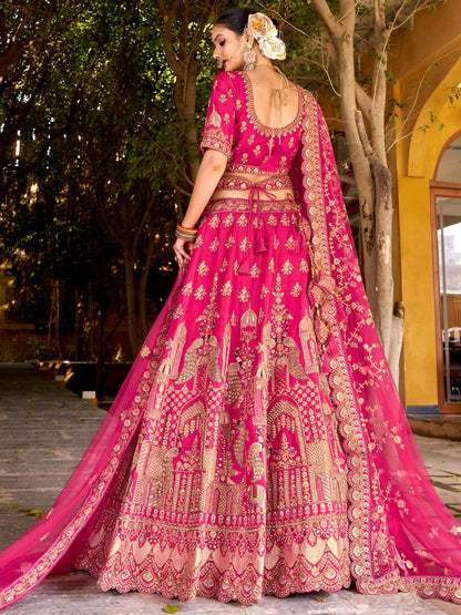 Classic Rani Pink Zarkan Embroidery Silk Bridal Lehenga Choli With Double Dupatta