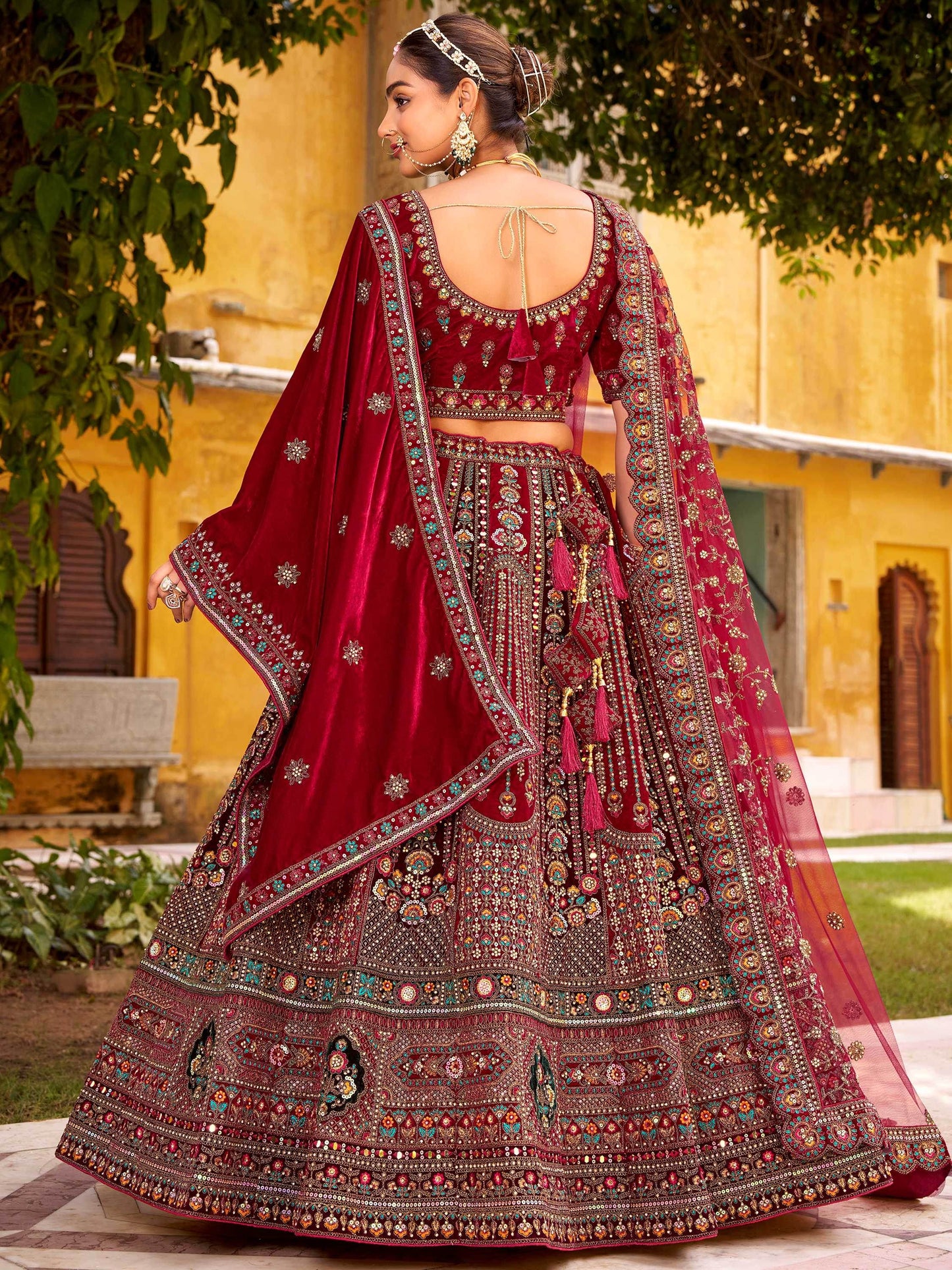 Grand Maroon Hand Embroidery Velvet Bridal Lehenga Choli With Double Dupatta