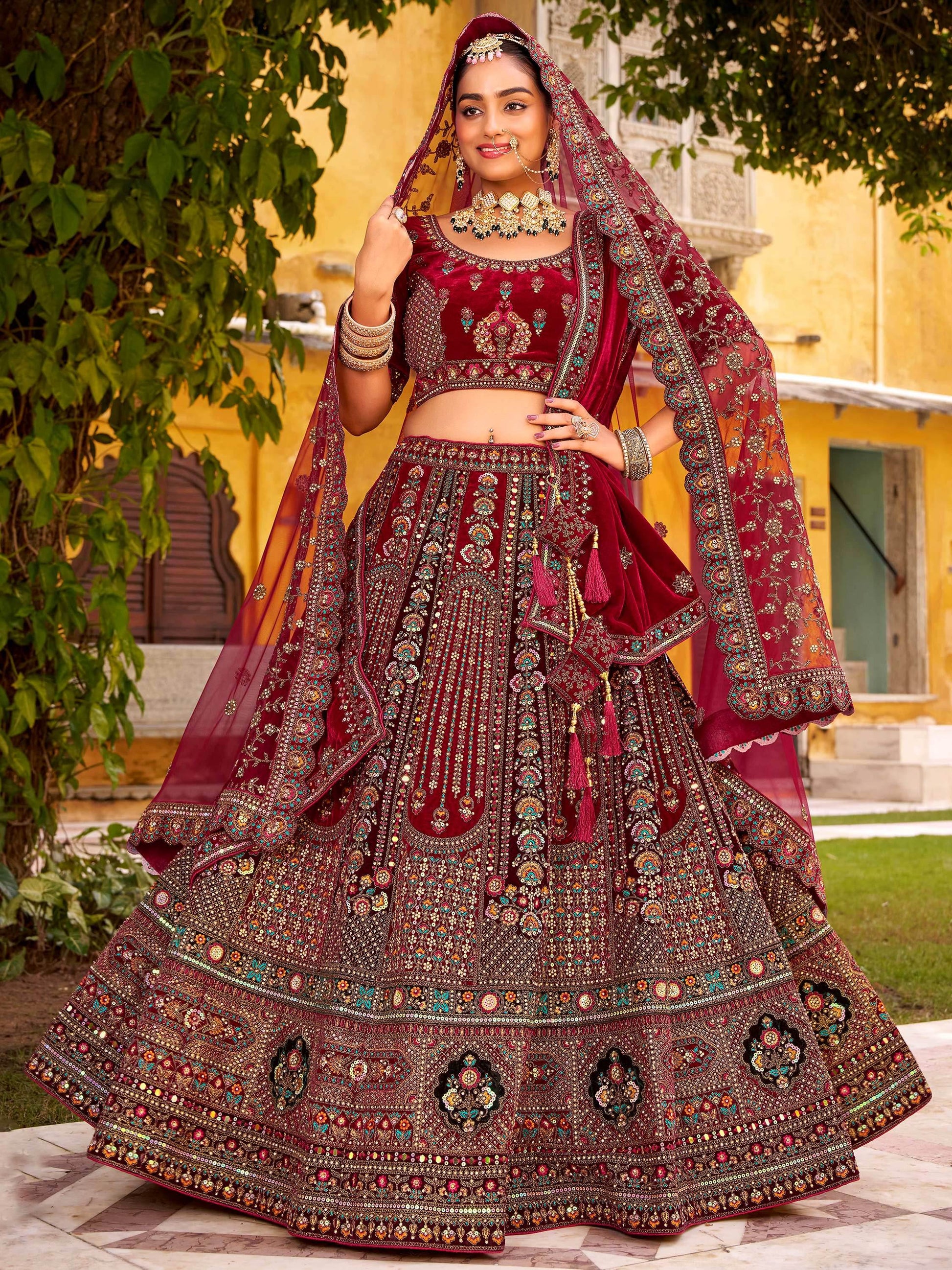 Grand Maroon Hand Embroidery Velvet Bridal Lehenga Choli With Double Dupatta