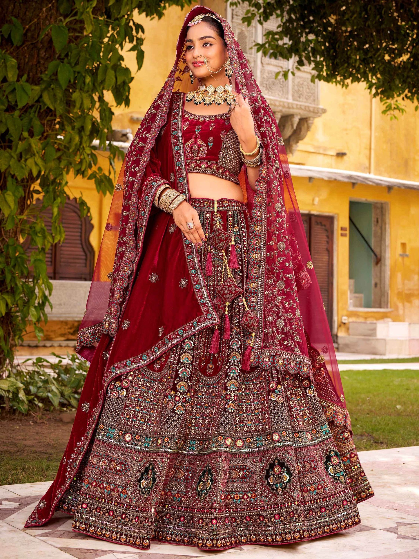 Grand Maroon Hand Embroidery Velvet Bridal Lehenga Choli With Double Dupatta