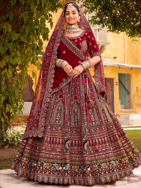 Dreamy Maroon Thread Embroidery Velvet Bridal Lehenga Choli With Double Dupatta