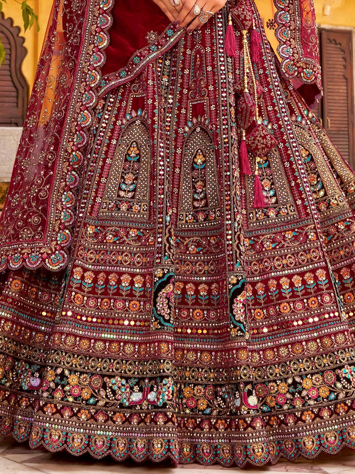 Dreamy Maroon Thread Embroidery Velvet Bridal Lehenga Choli With Double Dupatta