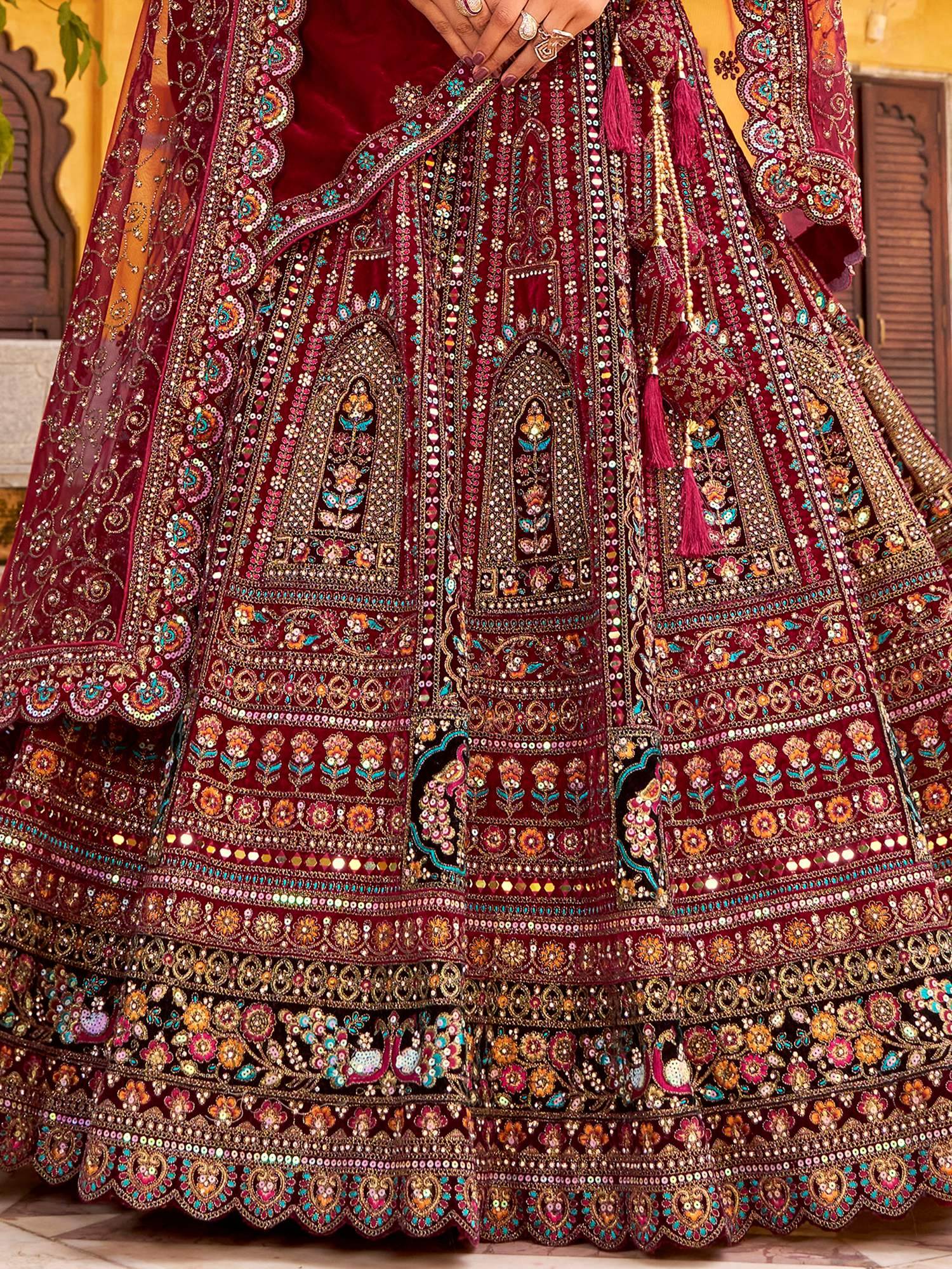 Dreamy Maroon Thread Embroidery Velvet Bridal Lehenga Choli With Double Dupatta