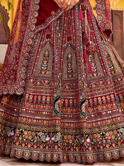 Dreamy Maroon Thread Embroidery Velvet Bridal Lehenga Choli With Double Dupatta
