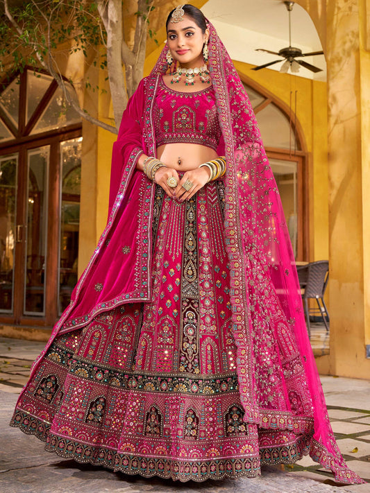 Amazing Rani Pink Floral Embroidery Velvet Bridal Lehenga Choli With Double Dupatta