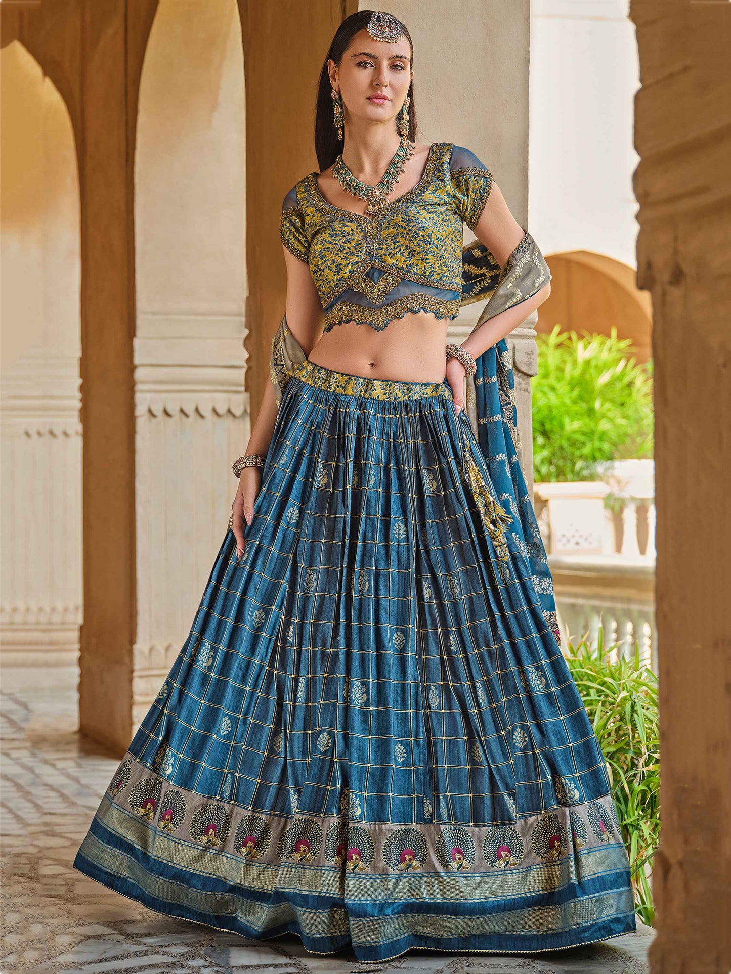 Alluring Blue Foil Print Silk Bridesmaid Lehenga Choli With Dupatta