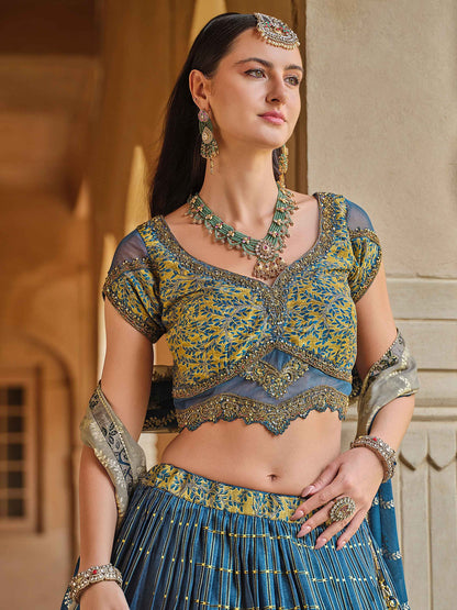 Alluring Blue Foil Print Silk Bridesmaid Lehenga Choli With Dupatta