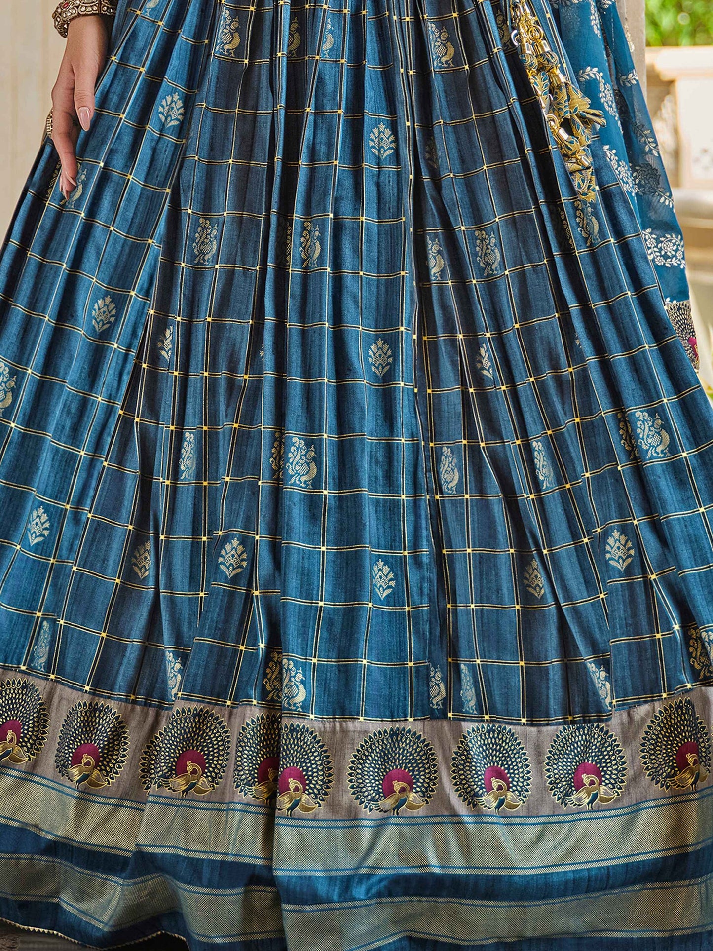 Alluring Blue Foil Print Silk Bridesmaid Lehenga Choli With Dupatta