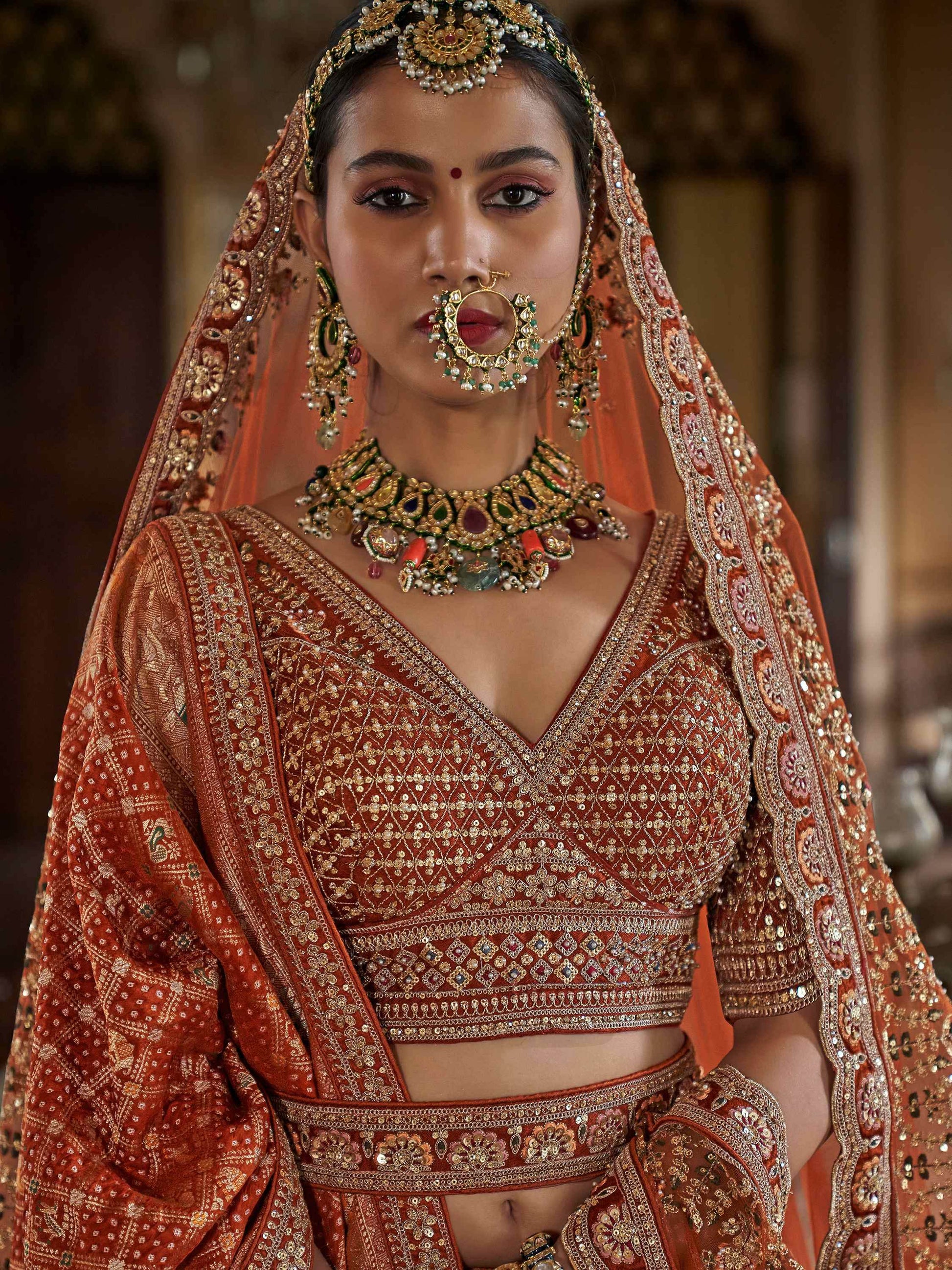 Alluring Orange Thread Embroidery Silk Bridal Lehenga Choli With Double Dupatta