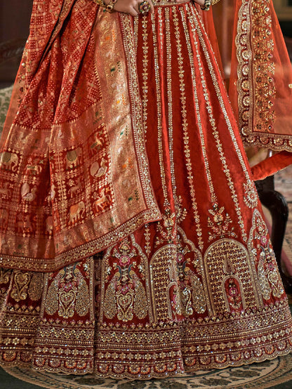 Alluring Orange Thread Embroidery Silk Bridal Lehenga Choli With Double Dupatta