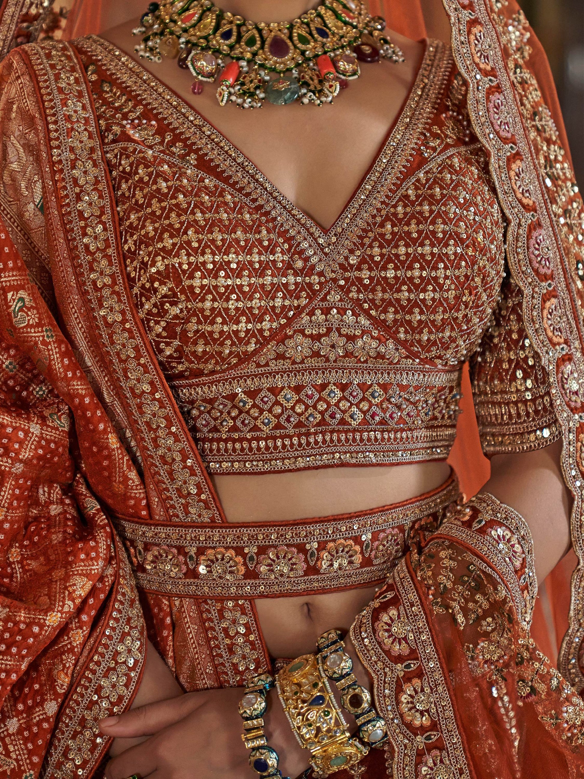 Alluring Orange Thread Embroidery Silk Bridal Lehenga Choli With Double Dupatta