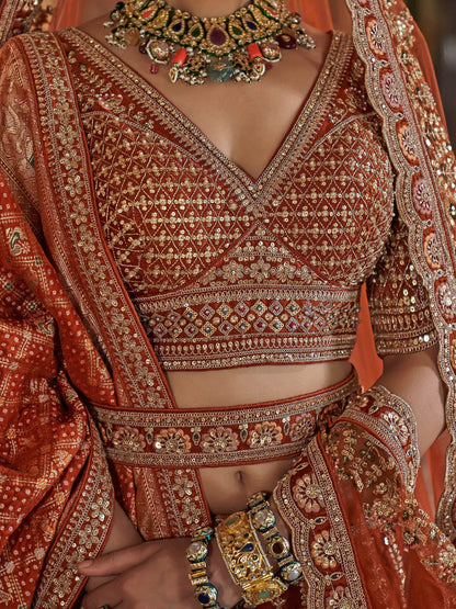 Alluring Orange Thread Embroidery Silk Bridal Lehenga Choli With Double Dupatta