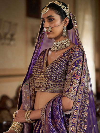 Dreamy Royal Blue Heavy Embroidered Silk Bridal Lehenga Choli With Double Dupatta