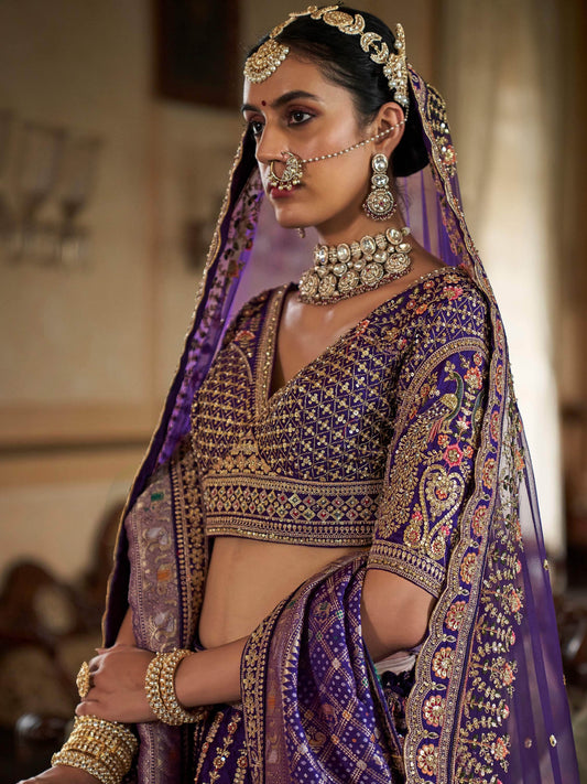 Dreamy Royal Blue Heavy Embroidered Silk Bridal Lehenga Choli With Double Dupatta