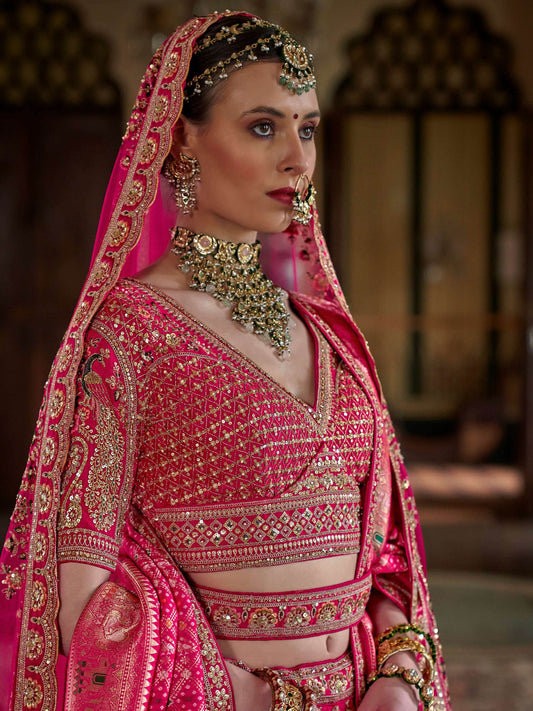 Gorgeous Hot Pink Pearl Work Silk Bridal Lehenga Choli With Double Dupatta