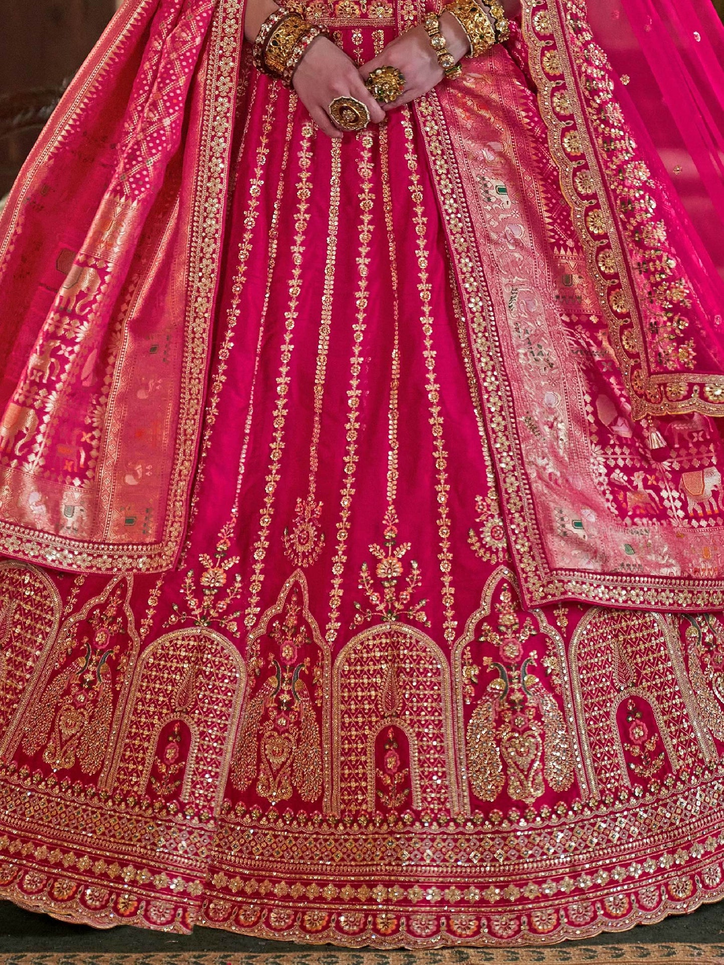 Gorgeous Hot Pink Pearl Work Silk Bridal Lehenga Choli With Double Dupatta
