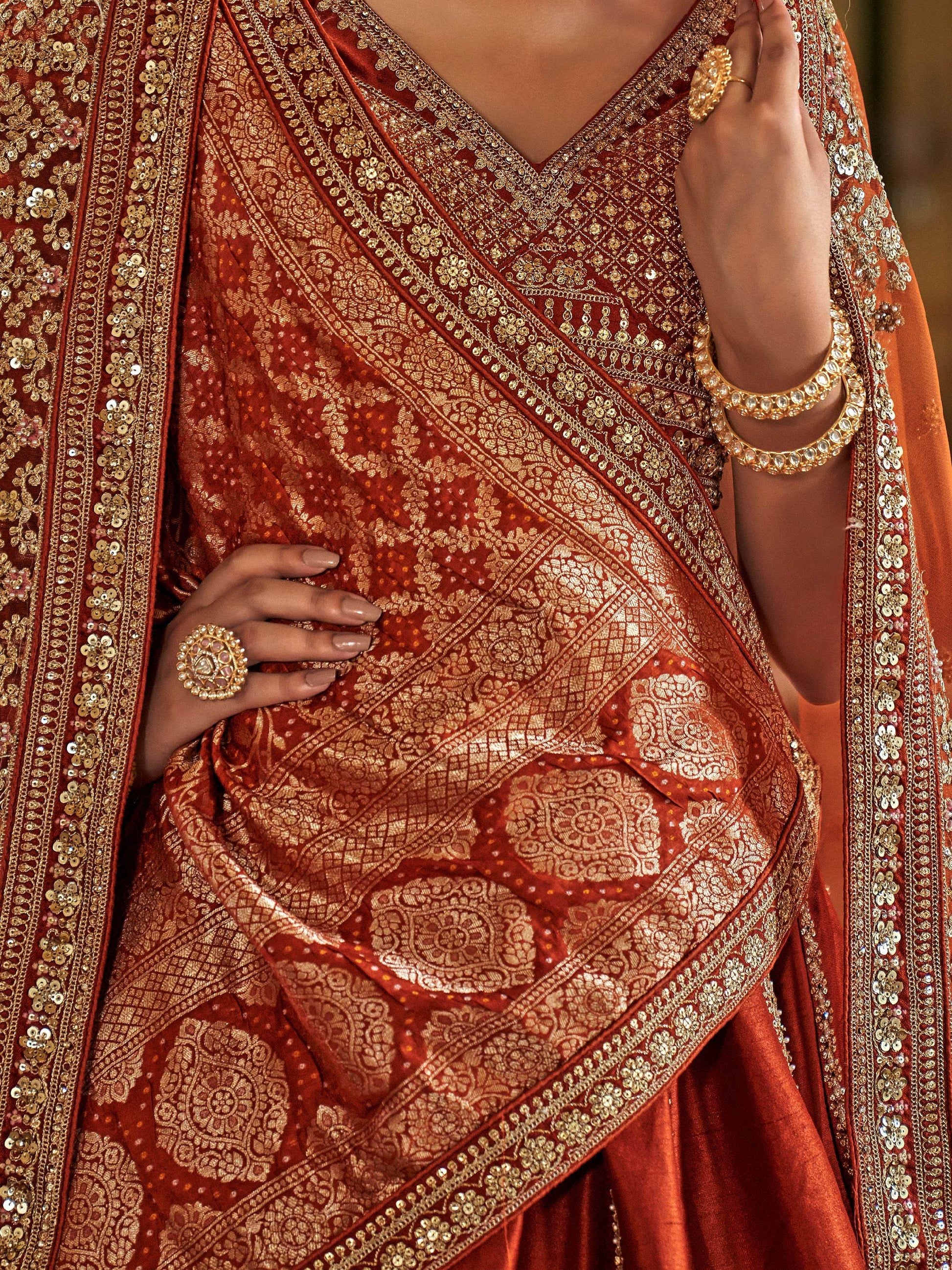 Fabulous Orange Embroidered Silk Bridal Lehenga Choli With Double Dupatta