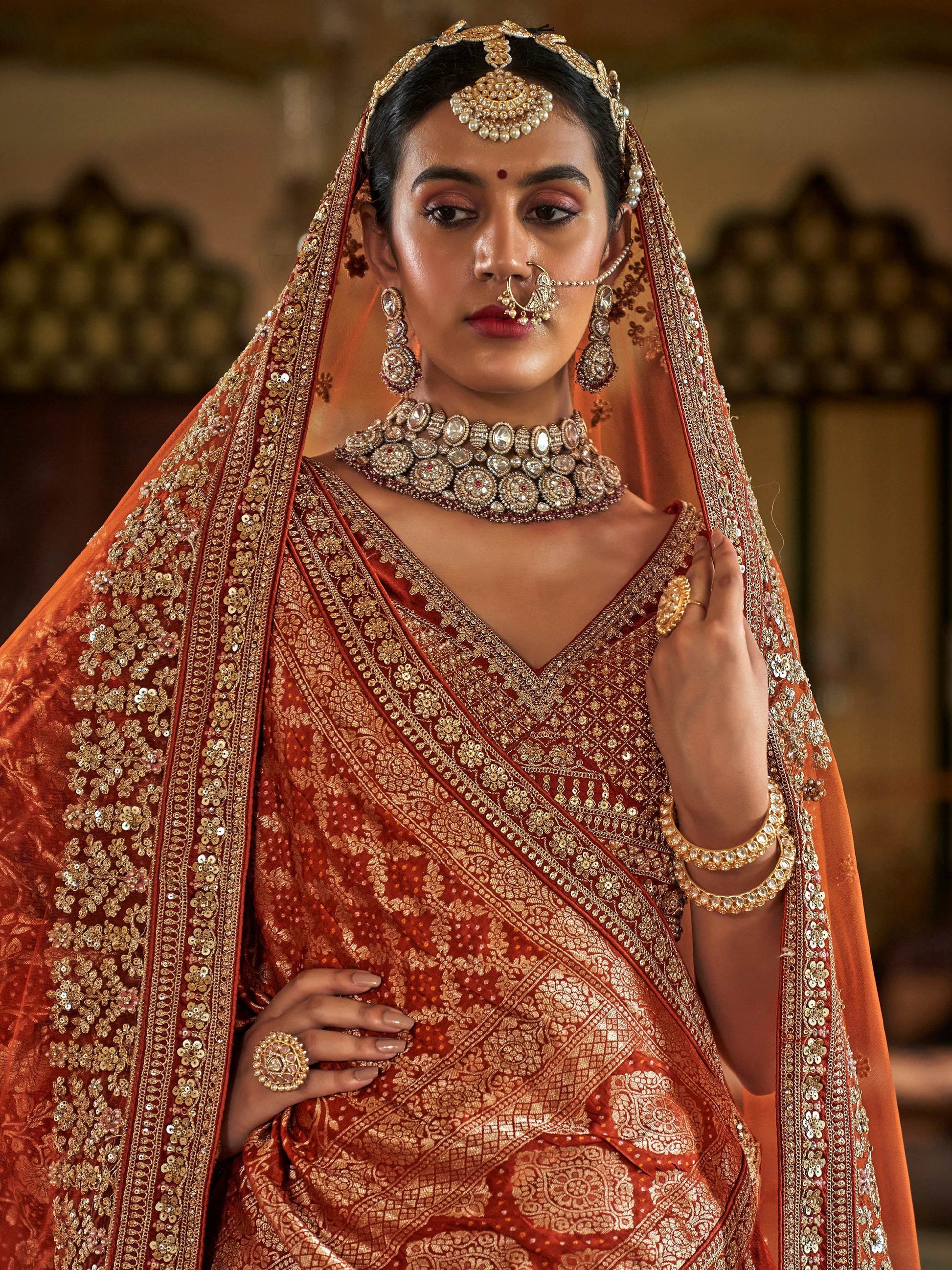 Fabulous Orange Embroidered Silk Bridal Lehenga Choli With Double Dupatta