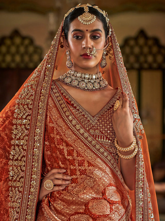 Fabulous Orange Embroidered Silk Bridal Lehenga Choli With Double Dupatta