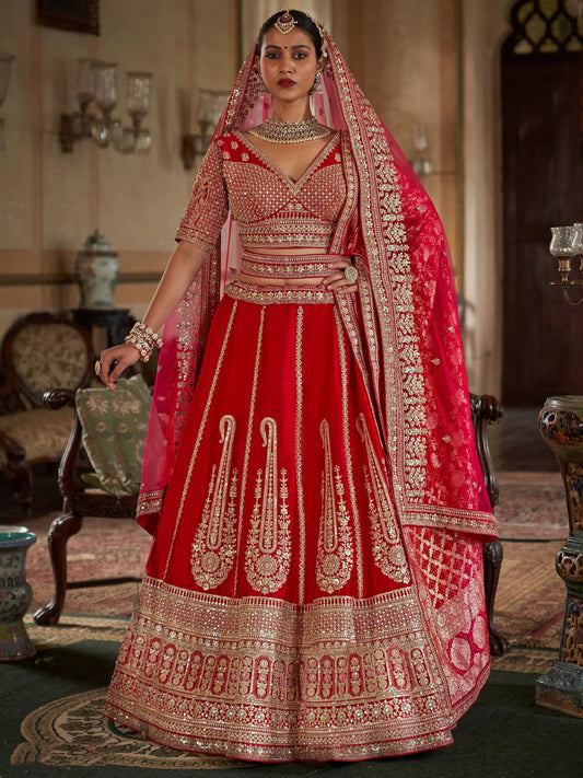 Amazing Red Floral Embroidered Silk Bridal Lehenga Choli With Double Dupatta