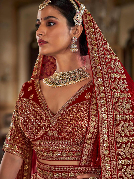 Amazing Red Floral Embroidered Silk Bridal Lehenga Choli With Double Dupatta