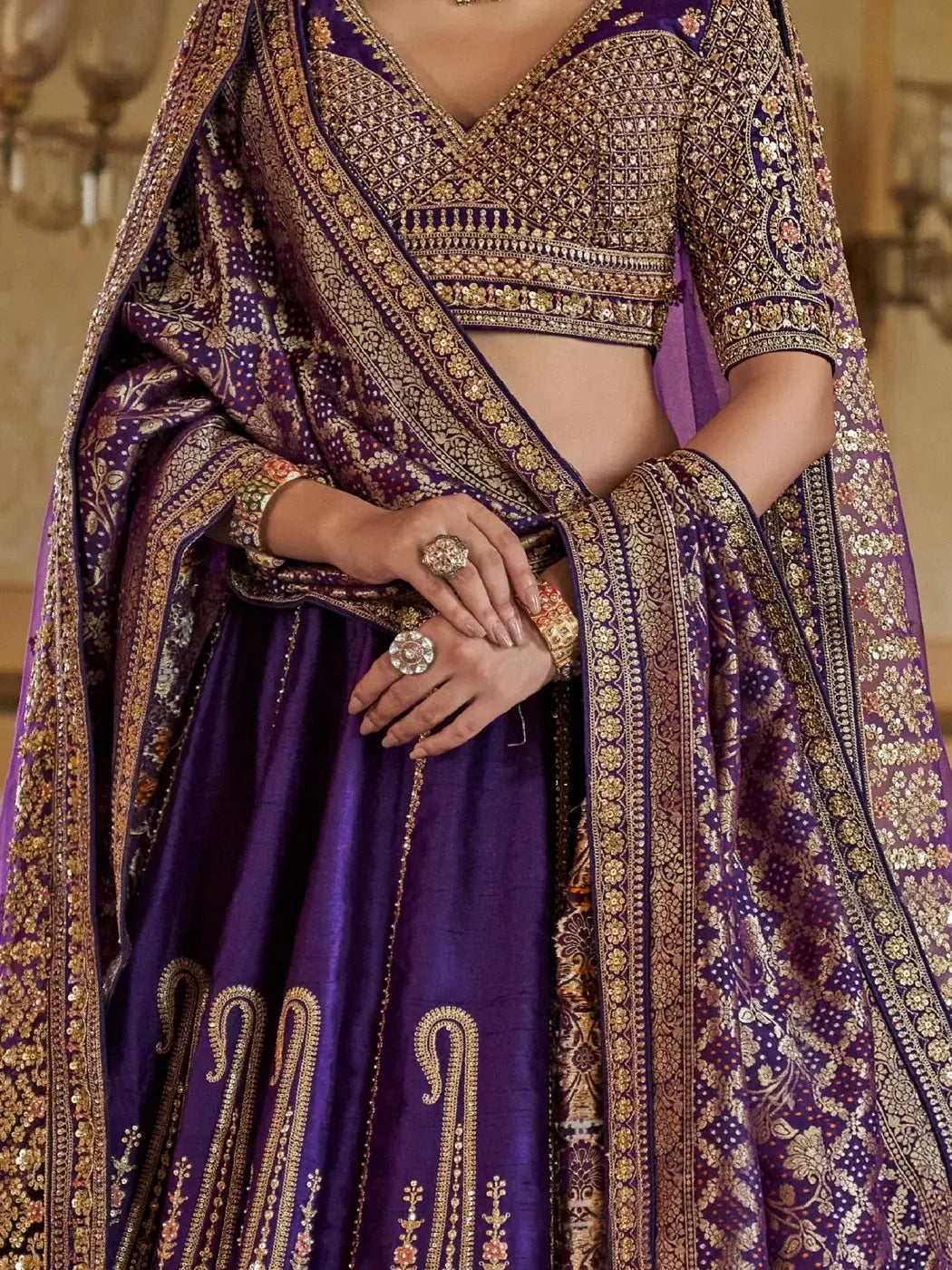 Aesthetic Purple Pearl Work Silk Bridal Lehenga Choli With Double Dupatta