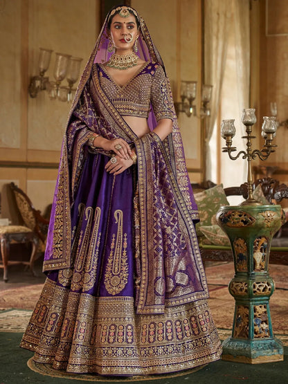 Aesthetic Purple Pearl Work Silk Bridal Lehenga Choli With Double Dupatta