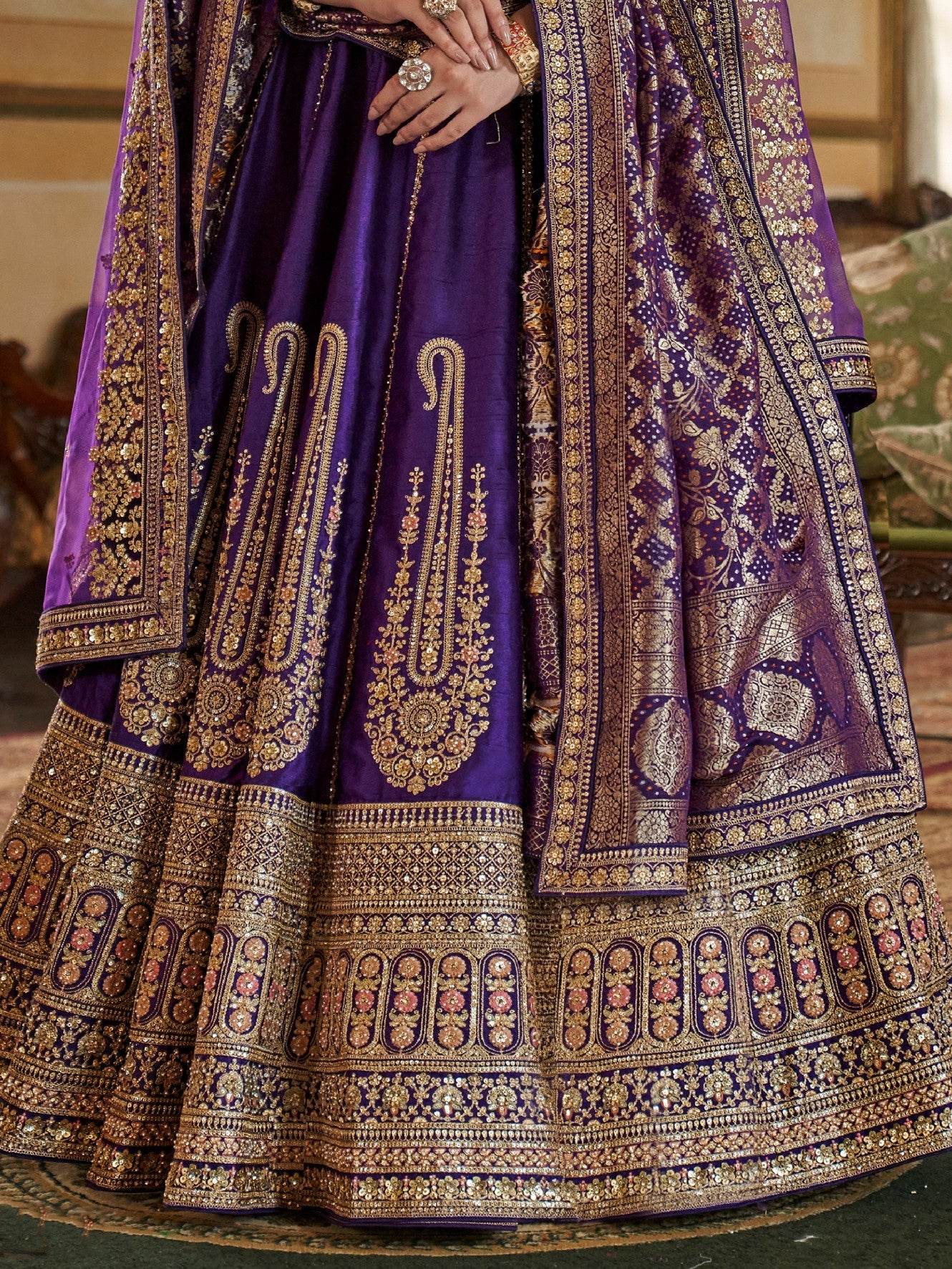 Aesthetic Purple Pearl Work Silk Bridal Lehenga Choli With Double Dupatta
