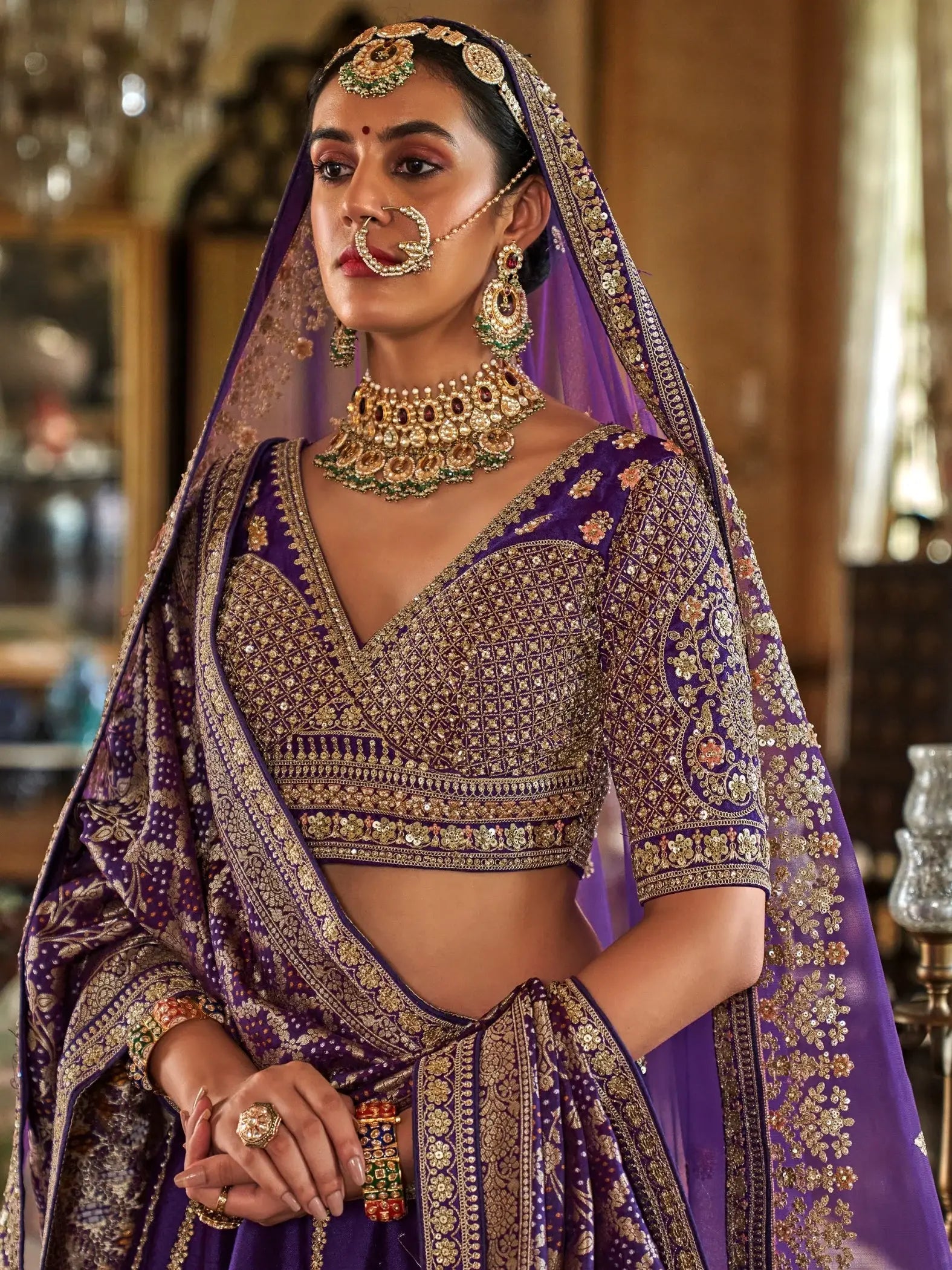 Aesthetic Purple Pearl Work Silk Bridal Lehenga Choli With Double Dupatta