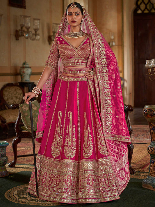 Regal Hot Pink Heavy Embroidered Silk Bridal Lehenga Choli With Double Dupatta