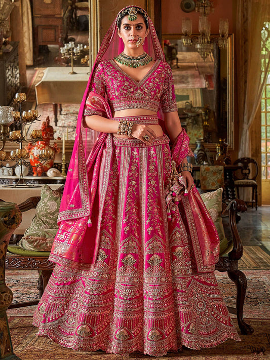Terrific Rani Pink Floral Embroidery Silk Bridal Lehenga Choli With Double Dupatta