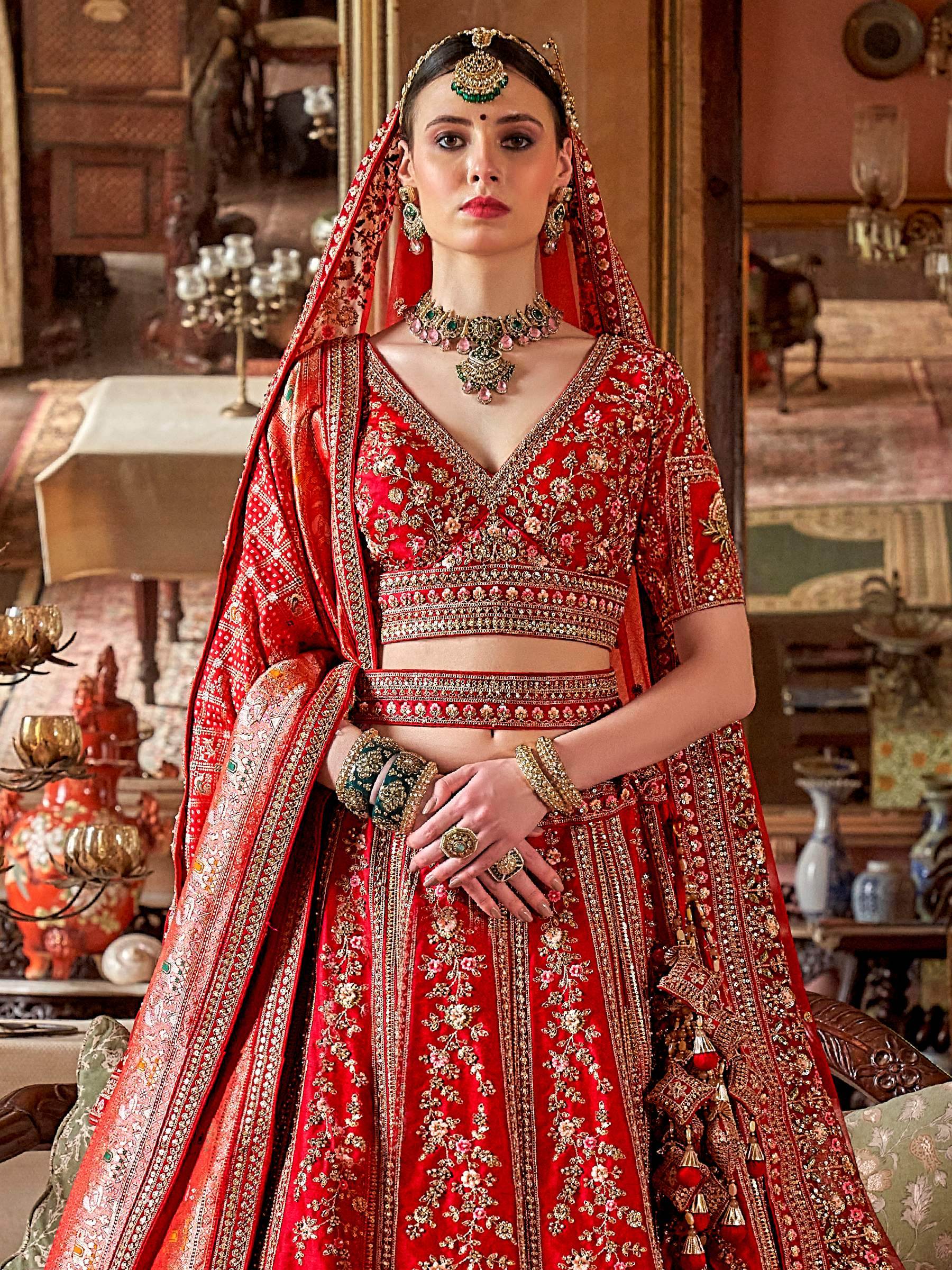 Wonderful Red Sequins Silk Bridal Lehenga Choli With Double Dupatta