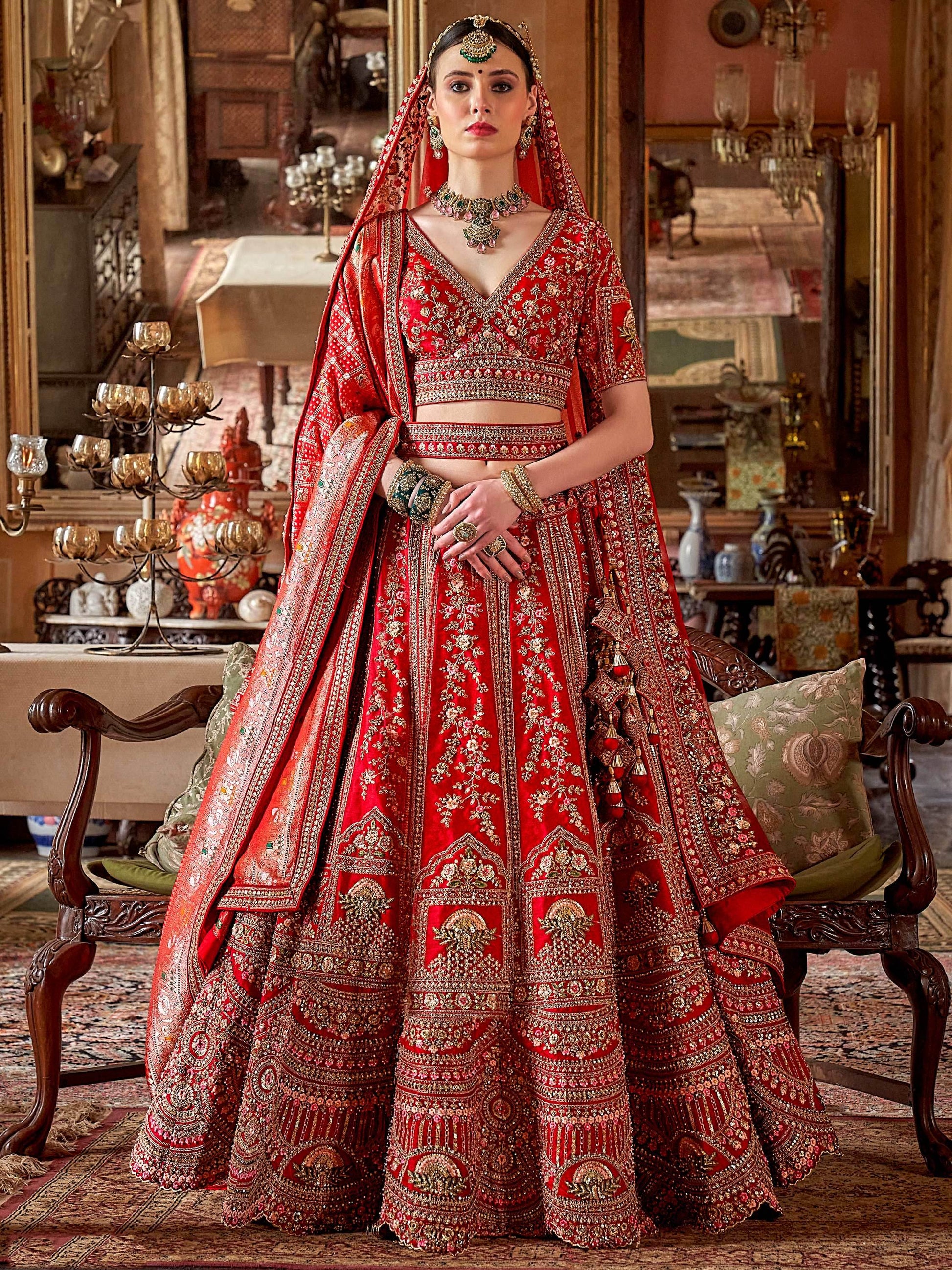 Wonderful Red Sequins Silk Bridal Lehenga Choli With Double Dupatta