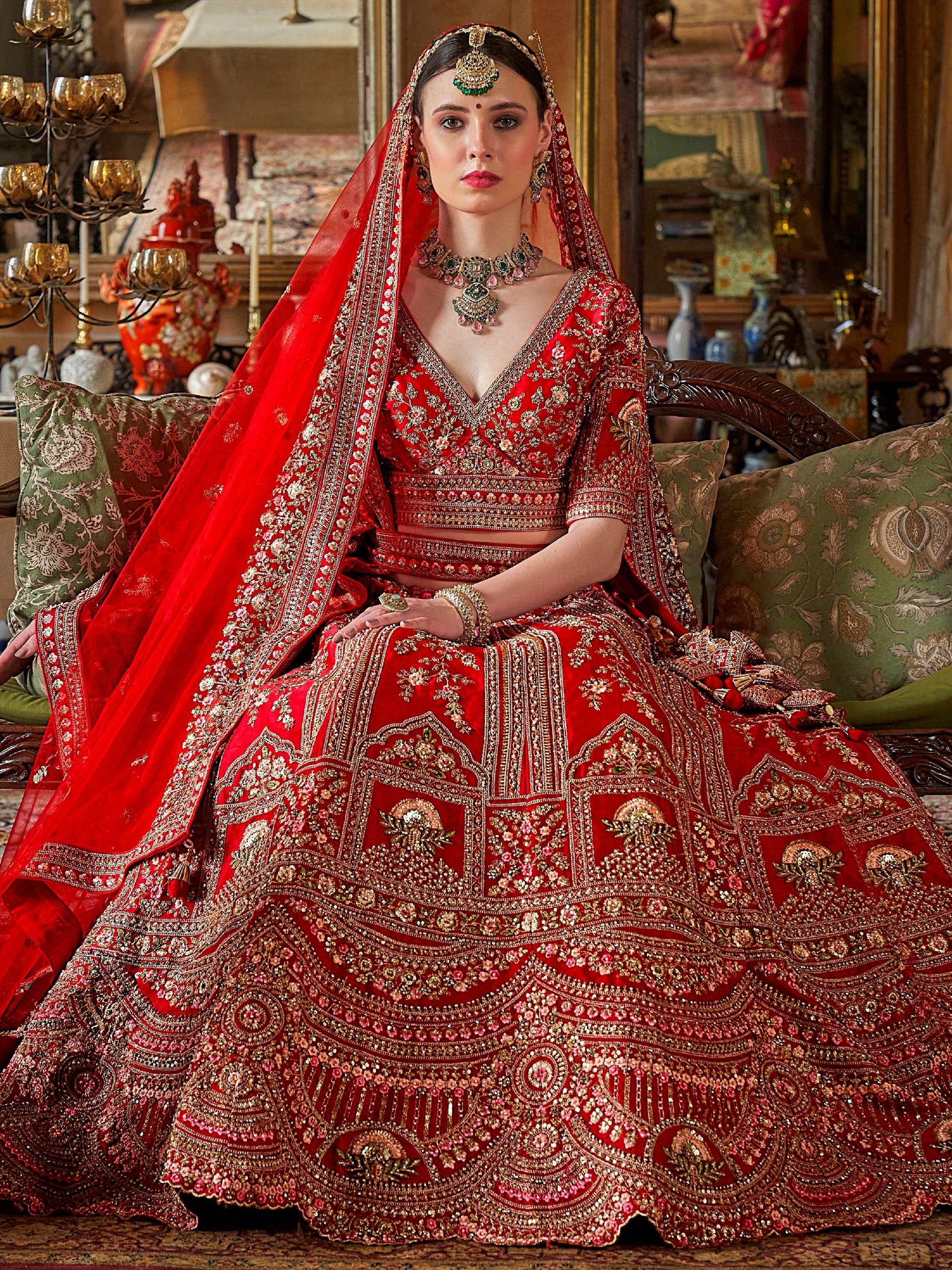 Wonderful Red Sequins Silk Bridal Lehenga Choli With Double Dupatta