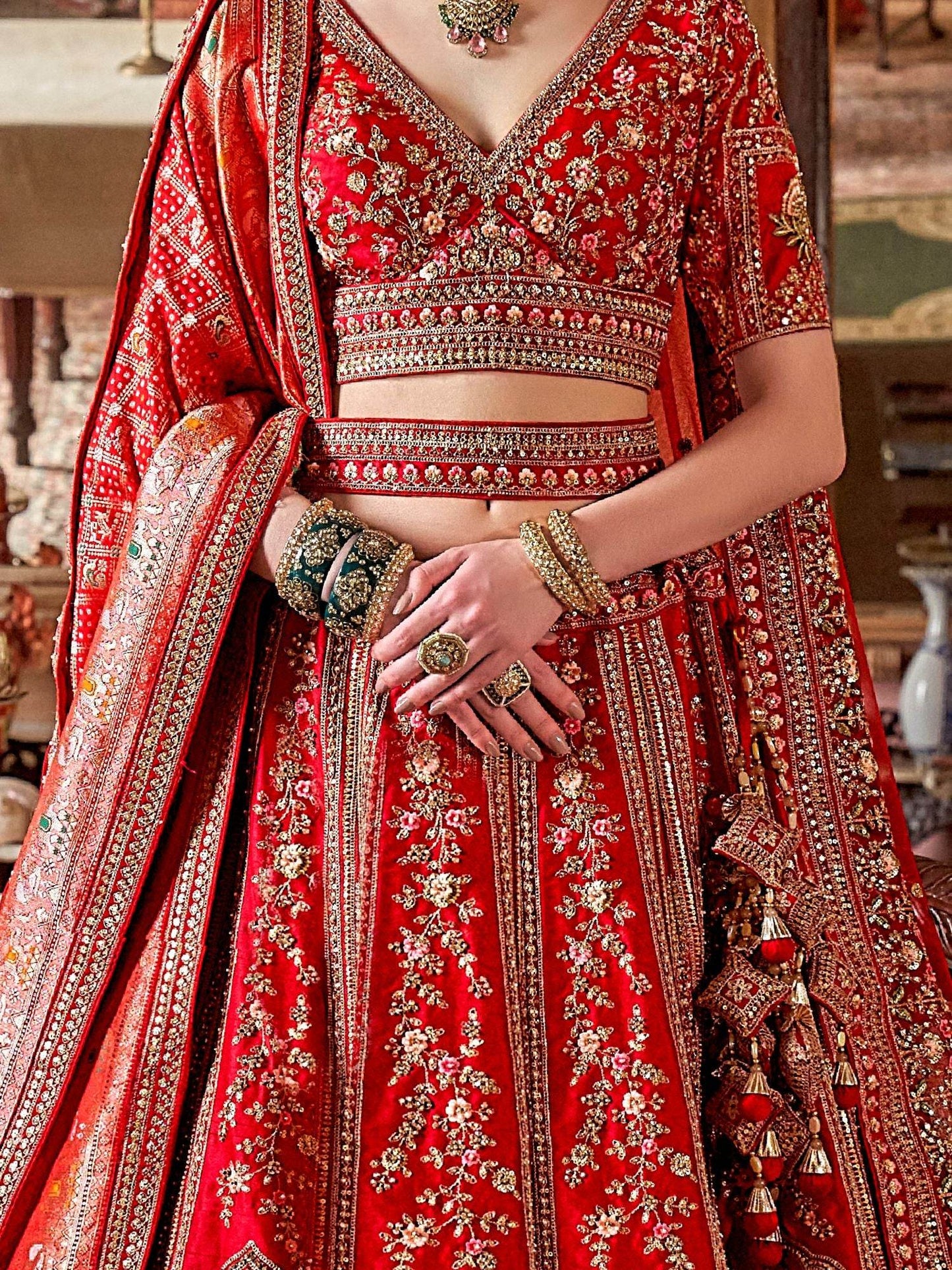 Wonderful Red Sequins Silk Bridal Lehenga Choli With Double Dupatta