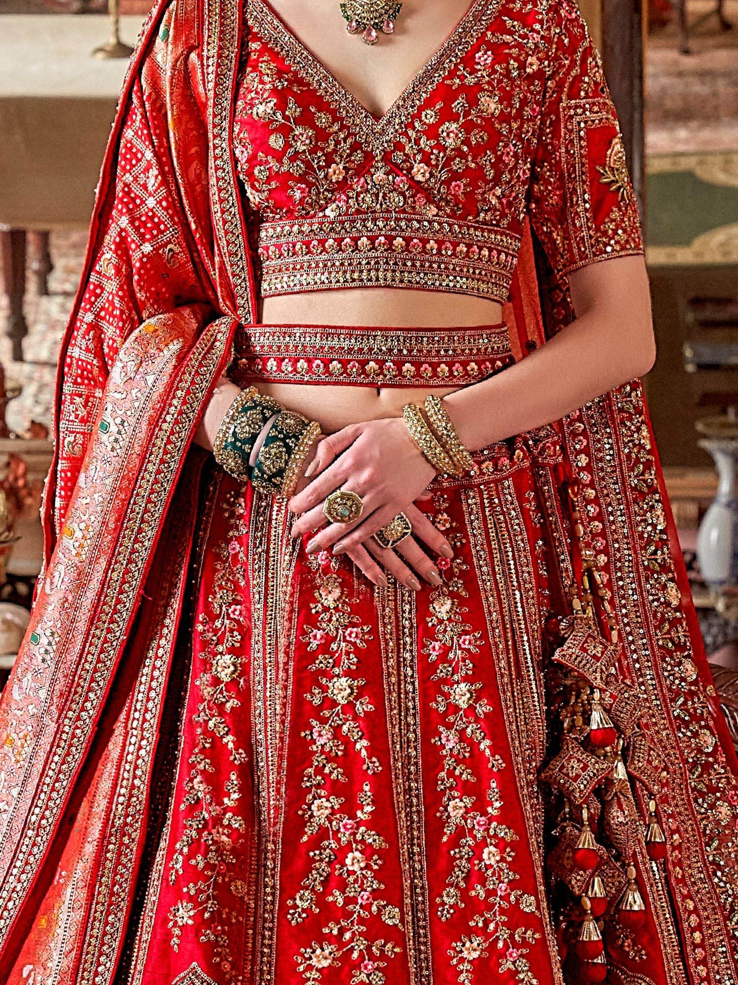 Wonderful Red Sequins Silk Bridal Lehenga Choli With Double Dupatta