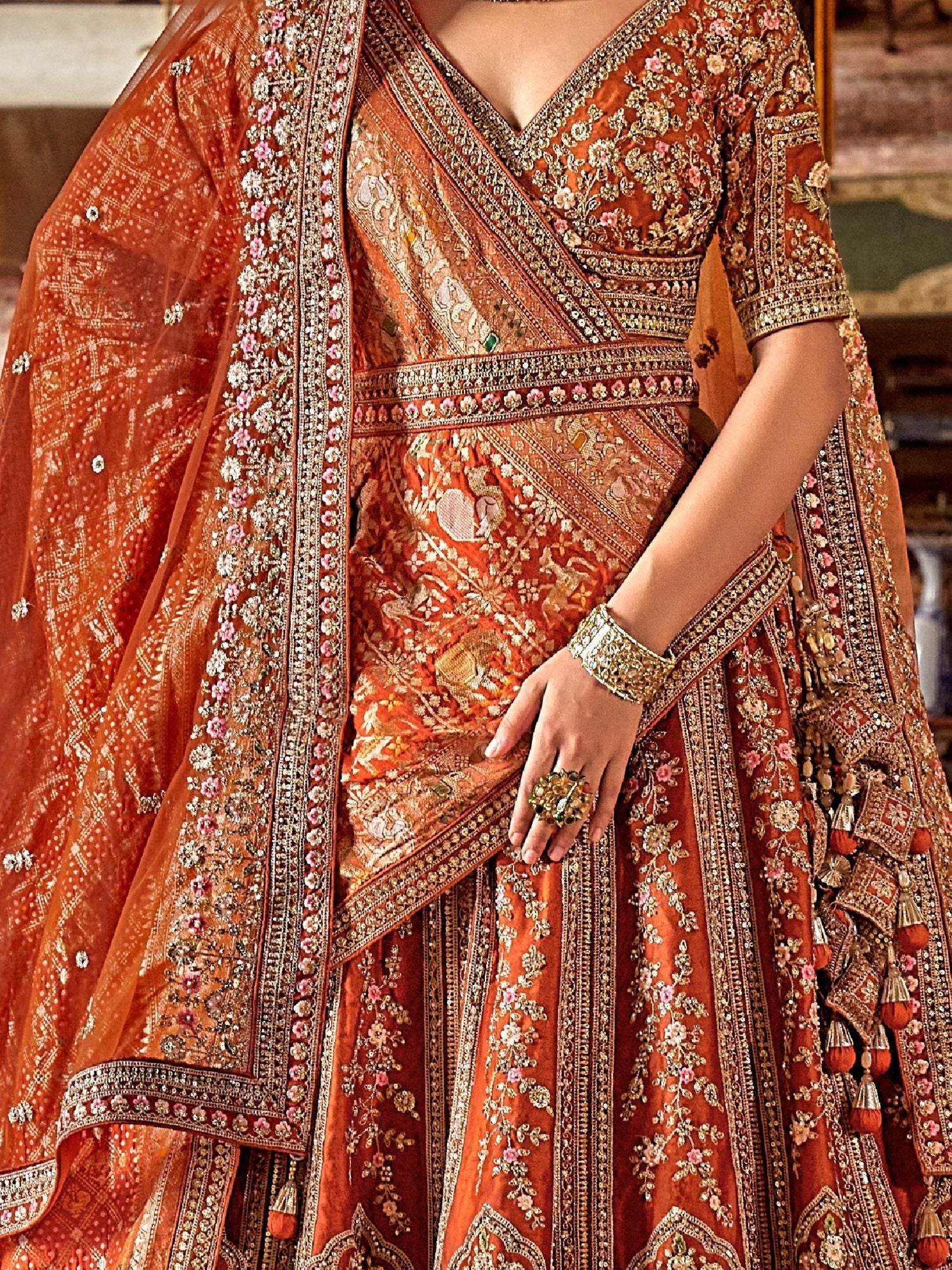 Awesome Orange Embroidered Silk Bridal Lehenga Choli With Double Dupatta