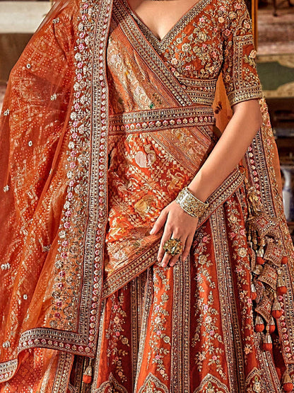 Awesome Orange Embroidered Silk Bridal Lehenga Choli With Double Dupatta