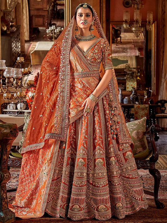 Awesome Orange Embroidered Silk Bridal Lehenga Choli With Double Dupatta