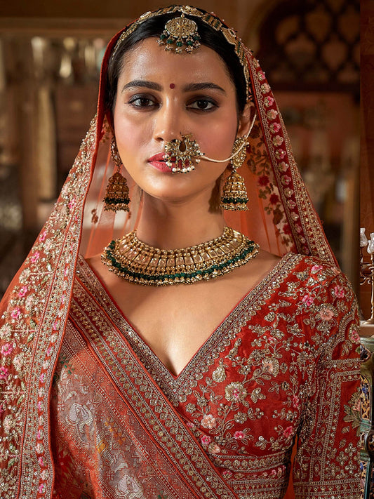 Awesome Orange Embroidered Silk Bridal Lehenga Choli With Double Dupatta