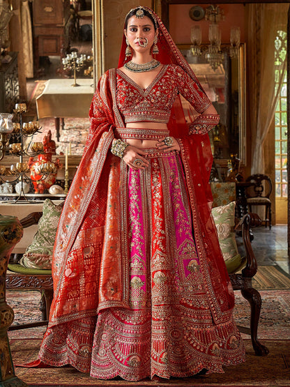 Sensational Pink & Red Pearl Work Silk Bridal Lehenga Choli With Double Dupatta