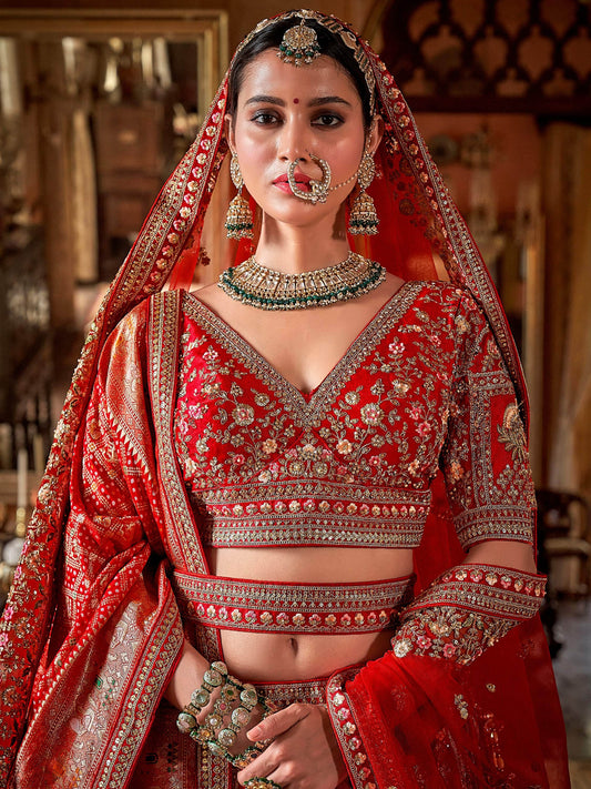 Sensational Pink & Red Pearl Work Silk Bridal Lehenga Choli With Double Dupatta