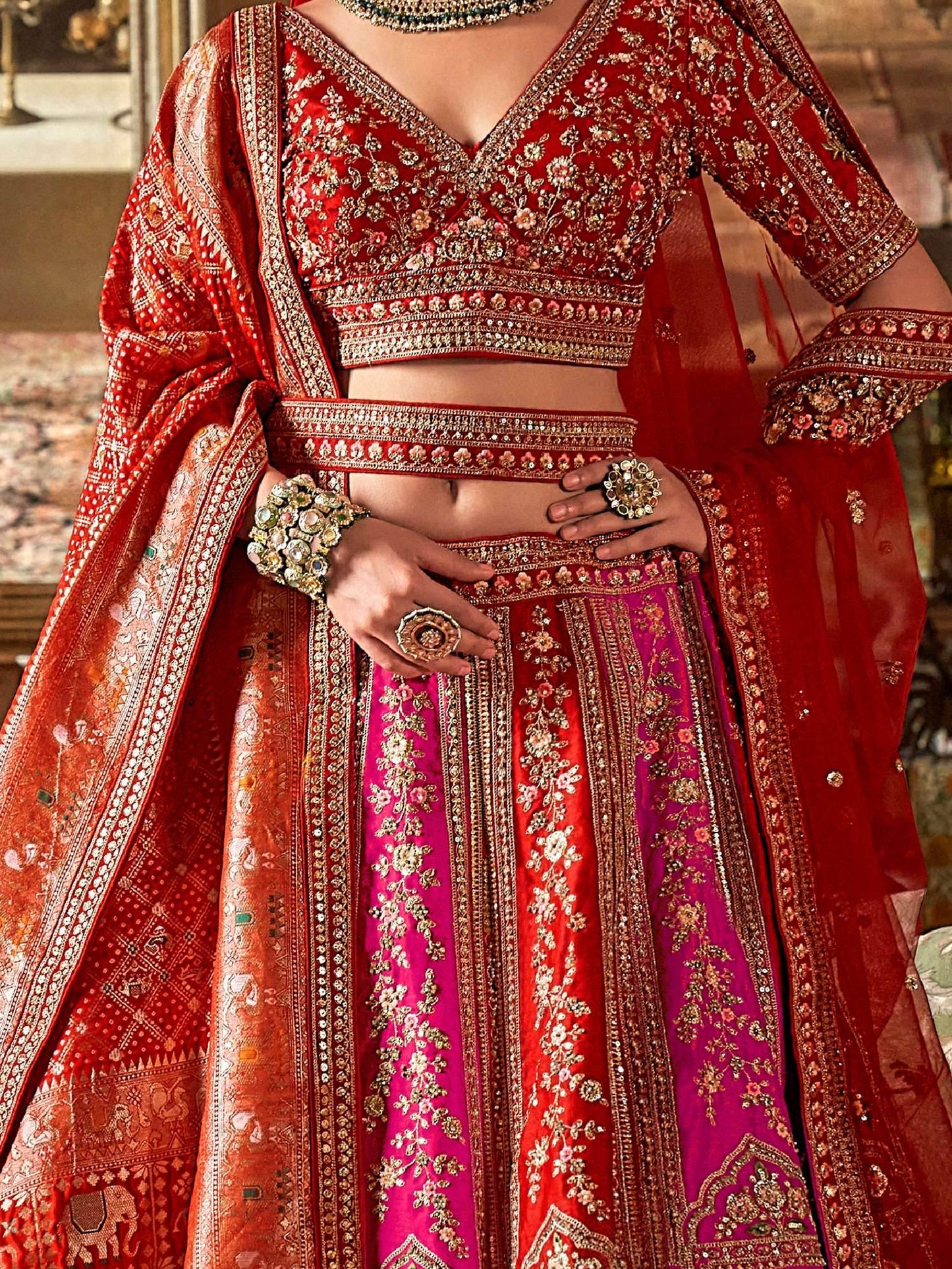 Sensational Pink & Red Pearl Work Silk Bridal Lehenga Choli With Double Dupatta