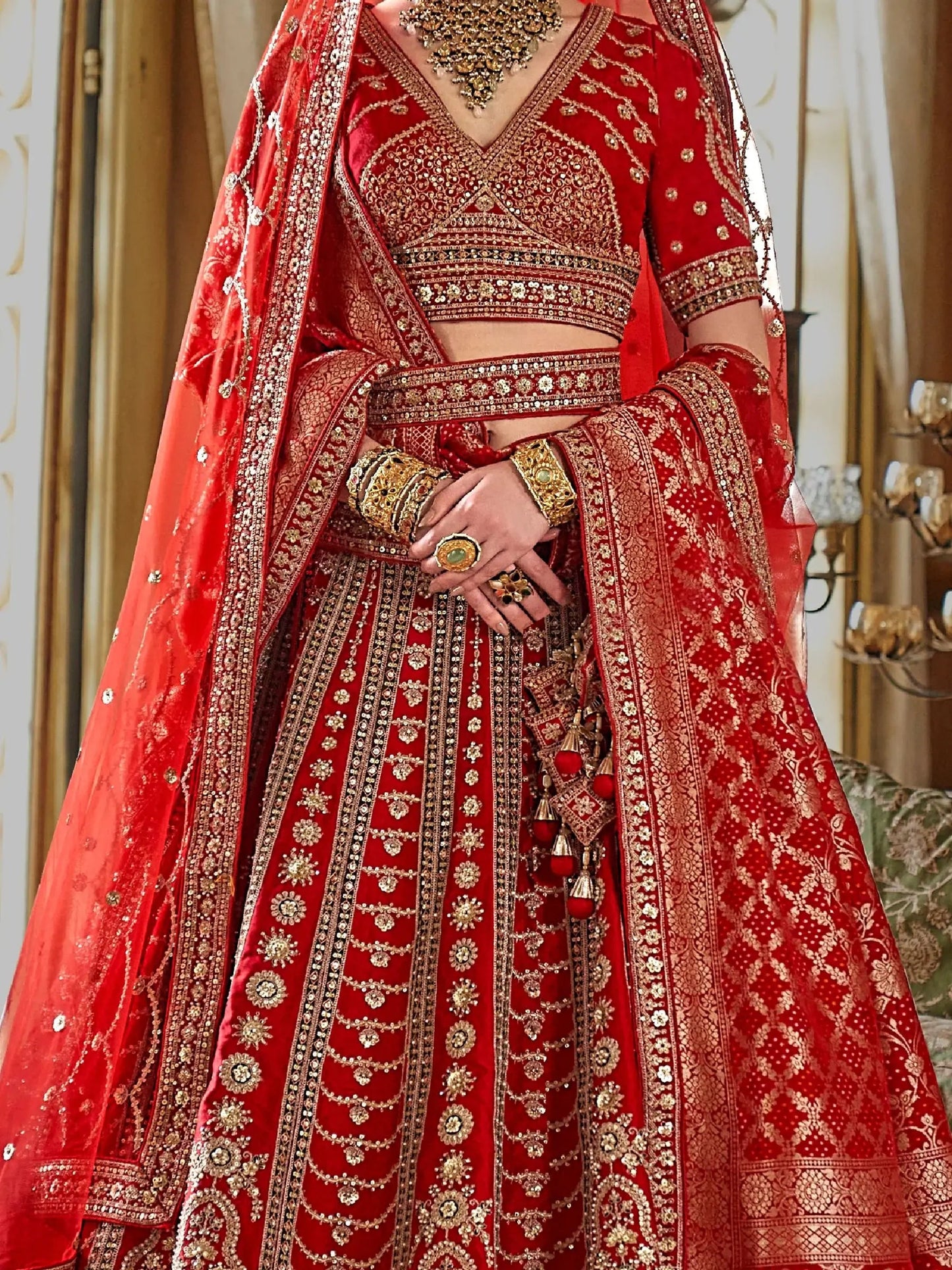 Impressive Red Heavy Embroidered Silk Bridal Lehenga Choli With Double Dupatta